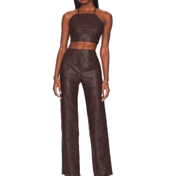 Tularosa Sara Embroidered Faux Leather Pant and top set in Chocolate Brown - Picture 1 of 10